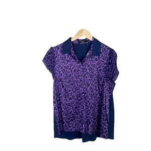 Elie Tahari Silk Short Sleeve Collared Top Party Office Purple Cheetah Sz Large